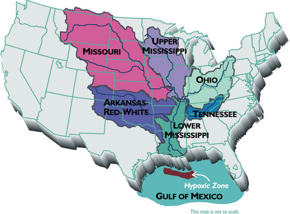 The Mississippi River watershed and the hypoxic zone in the Gulf resulting from nutrient pollution. Source: US Geological Survey.