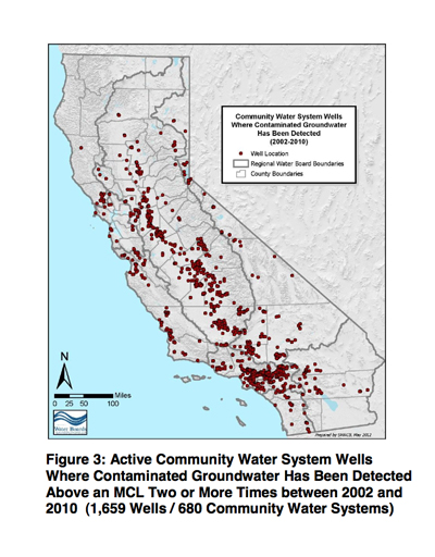 Map from page 15 of “Communities that Rely on a Contaminated Groundwater Source for Drinking Water,” a January 2013 report by the State Water Resources Control Board to the California Legislature.