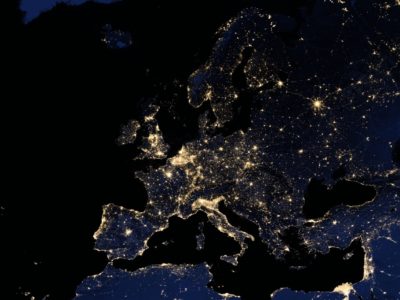 Satellite image of Europe at night, with strong light and dark contrast in images. Stuart Rankin, Europe at Night in 2012 https://www.flickr.com/photos/24354425@N03/15775721086 (Creative Commons CC BY-NC 2.0)