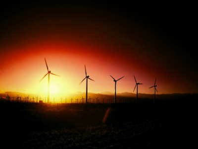 Wind turbines in sunlight