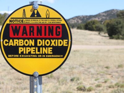 A sign warning of a CO2 pipeline.