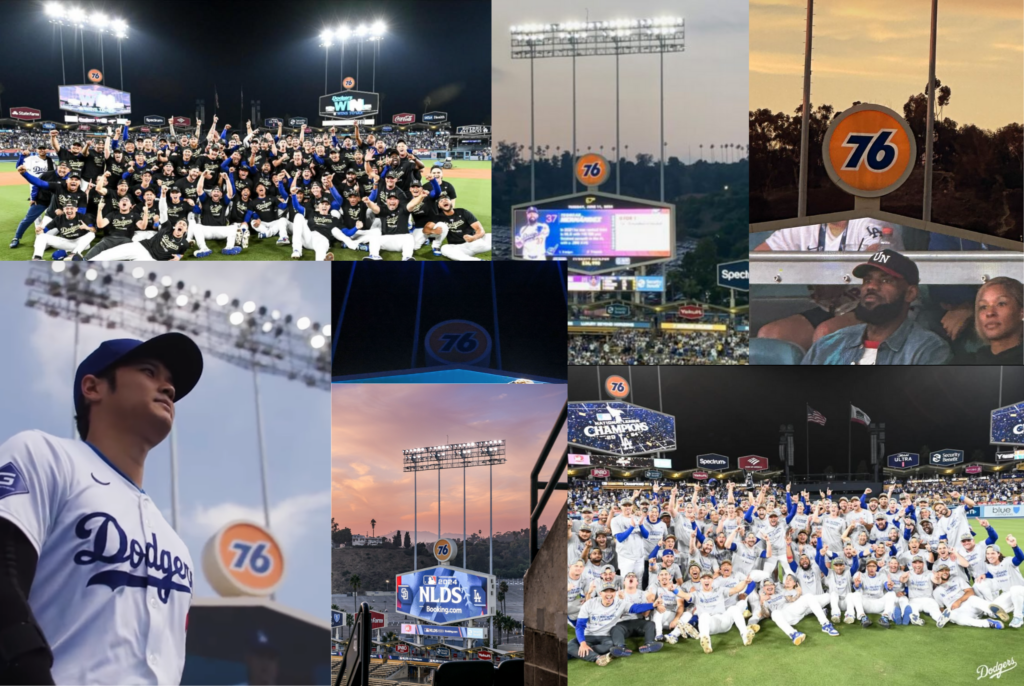 A collage of photos in Dodger Stadium with the 76 logo prominently displayed