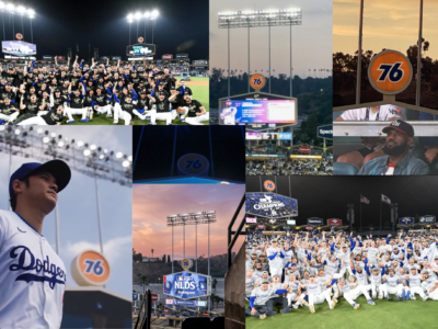 A collage of photos in Dodger Stadium with the 76 logo prominently displayed