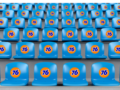 A graphic of stadium seats with an oil company logo