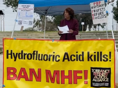 Rep. Maxine Waters with a "Ban MHF" banner.