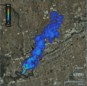 Satellite image showing plume rising from a surface feature