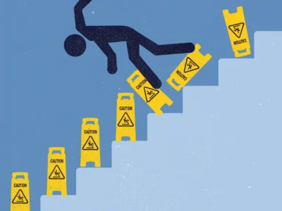 A figure of a man tripping down stairs that on each step have caution signs.