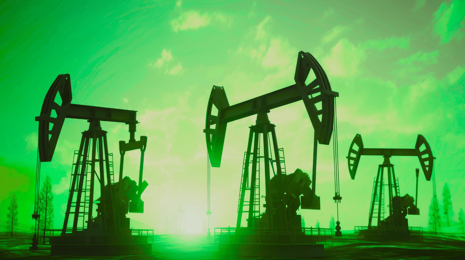 A green tinted photo of oil drilling pump jacks.