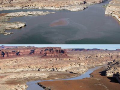 Two aerial photos show a winding river through a rocky, desert landscape. The top image shows higher water levels, while the bottom image shows significantly lower water, revealing exposed land and riverbanks.