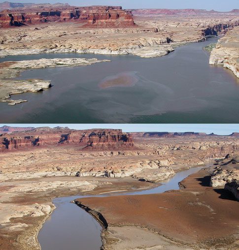 Two aerial photos show a winding river through a rocky, desert landscape. The top image shows higher water levels, while the bottom image shows significantly lower water, revealing exposed land and riverbanks.