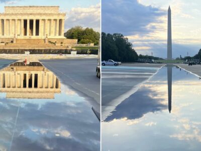 A split image shows the Lincoln Memorial and the Washington Monument reflected clearly in a large puddle on the ground, with the sky and clouds mirrored in the water.