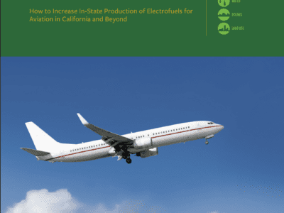 Cover of a policy report titled “E-Fueling Flight” from UC Berkeley, with an airplane flying over green palm trees against a blue sky. Icons for climate, water, oceans, and land use are shown on the upper right.