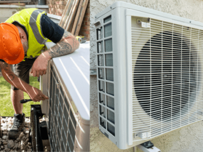 A worker in a safety vest and orange helmet repairs an outdoor heat pump unit; next to him, a close-up view shows a mounted heat pump unit on a building wall.
