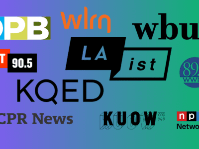 A collage of various public radio station logos, including OPB, WLRN, WBUR, KUT 90.5, LAist, 89.9 WWNO, KQED, CPR News, KUOW 94.9, and NPR Network, on a blue-green gradient background.