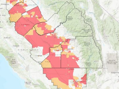 A map of Californias Central Valley highlighting regions in shades of red, orange, and yellow, indicating different data zones across cities like Fresno, Visalia, Bakersfield, and Modesto.