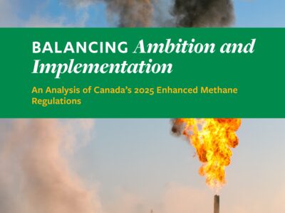 A gas flare emits flames and smoke into the sky, overlaid with text about balancing ambition and implementation in Canadas 2025 methane regulations.
