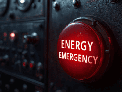 A large red button labeled ENERGY EMERGENCY is illuminated on a dark, industrial control panel with various switches and dials.