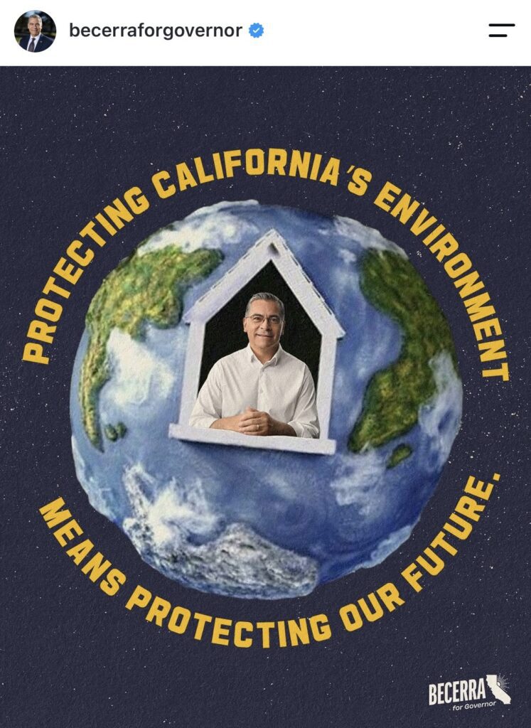 A man in a white shirt sits inside a house-shaped frame set over an illustration of Earth, surrounded by the words Protecting Californias environment means protecting our future..