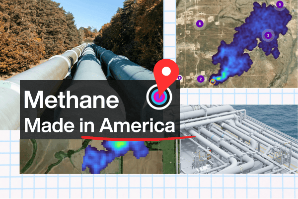 A collage showing methane pipelines, emission heat maps, and a label reading Methane Made in America with a location marker icon on a graph paper background.