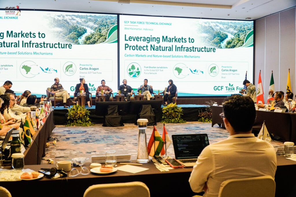 Panelists sit on stage at the GCF Task Force Technical Exchange, discussing leveraging markets to protect natural infrastructure, while attendees listen and flags from various countries are displayed on tables.