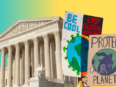 The Supreme Court building with two protest signs in front; one says PROTECT OUR PLANET with a globe, the other says BE COOL and STOP GLOBAL WARMING with earth illustrations.