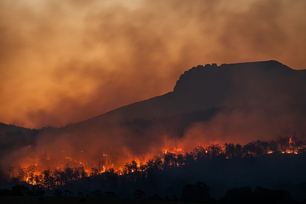 A wildfire burns through a forested hillside at dusk, with orange flames and thick smoke rising against a dark mountain silhouette and glowing, hazy sky.
