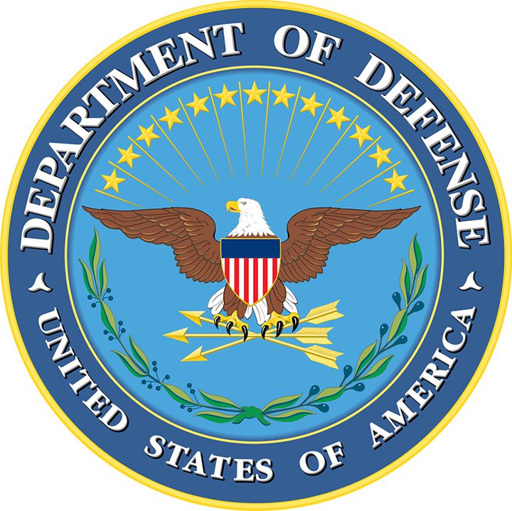 Seal of the U.S. Department of Defense featuring a bald eagle with a shield, arrows, and olive branch, surrounded by stars and a blue ring with the words Department of Defense, United States of America..