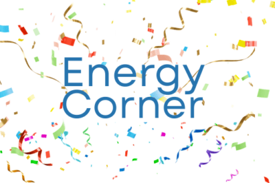 The words Energy Corner in blue text are surrounded by colorful confetti and streamers on a white background.