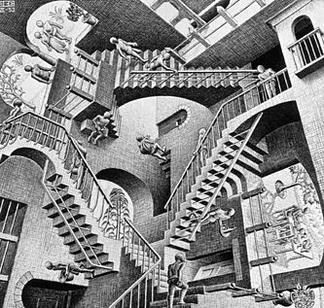 Black-and-white drawing of people walking on a series of interconnected staircases that defy gravity and perspective, forming an impossible architectural structure with people walking in different directions.