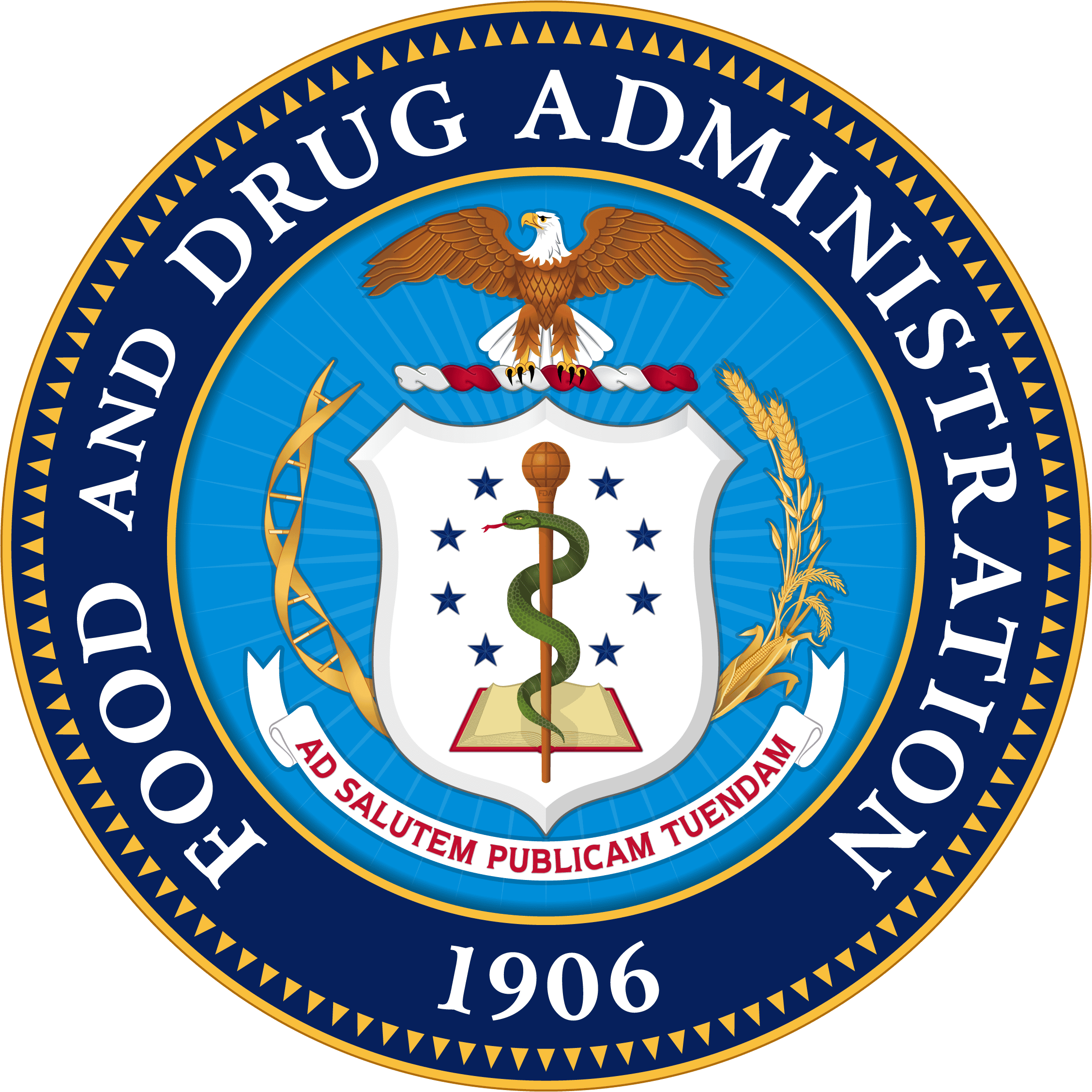 The official seal of the Food and Drug Administration, featuring a bald eagle above a shield with a serpent-entwined rod, surrounded by the agency name and the date 1906.