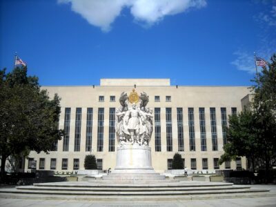 The Major General George Gordon Meade Memorial statue standing in front of the E. Barrett Prettyman United States Courthouse.