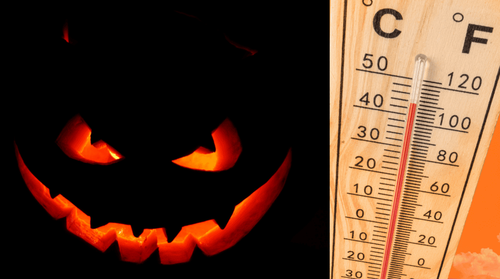 A glowing jack-o-lantern next to a thermometer reading approximately 20 degrees Celsius or 70 degrees Fahrenheit.