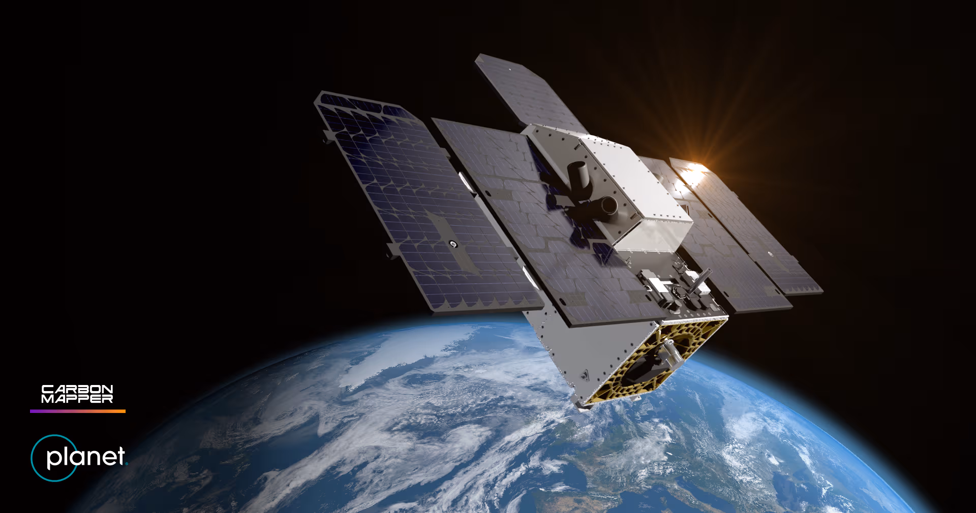 A Carbon Mapper satellite orbits above Earth with the sun shining in the background.