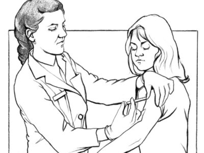 A healthcare provider in a lab coat administers an injection into a patients arm.