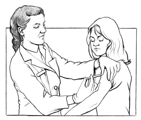 A healthcare provider in a lab coat administers an injection into a patients arm.